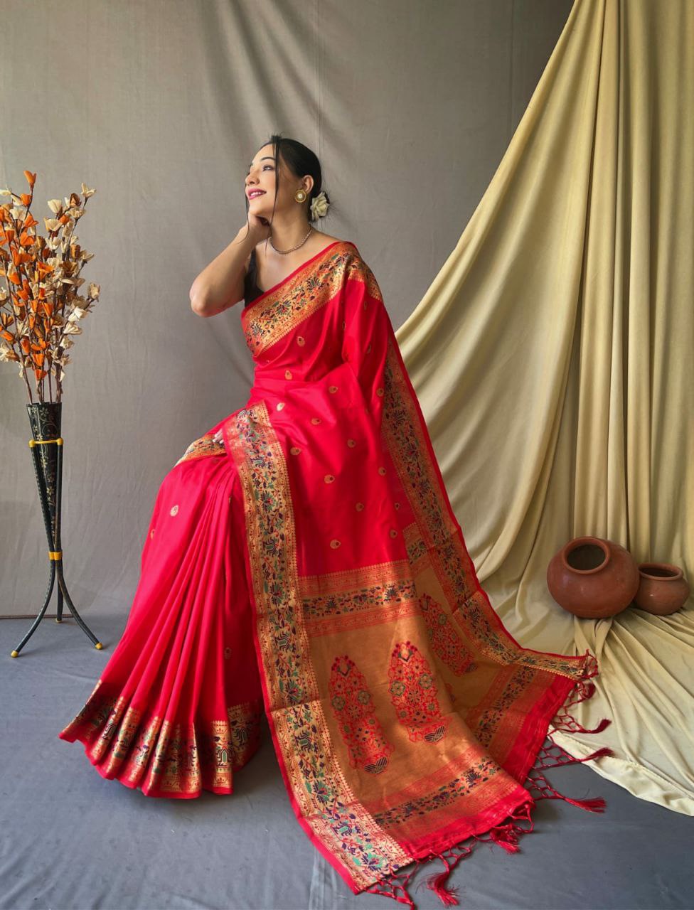 Scarlet Red Pure Paithani Silk Saree With Paithani Rich Weaved Pallu And Tassels With Meenakari Mottifs