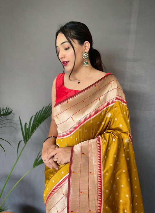 Amber Yellow Pure Paithani Silk Saree With Paithani Rich Weaved Pallu With Tassels And Unique Mottif Pattern
