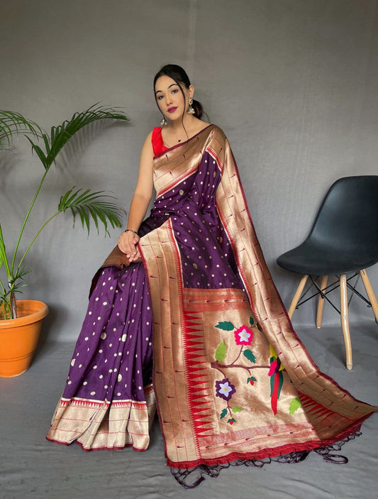 Violet Pure Paithani Silk Saree With Paithani Rich Weaved Pallu With Tassels And Unique Mottif Pattern