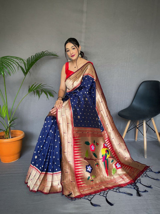 Navy Blue Pure Paithani Silk Saree With Paithani Rich Weaved Pallu With Tassels And Unique Mottif Pattern