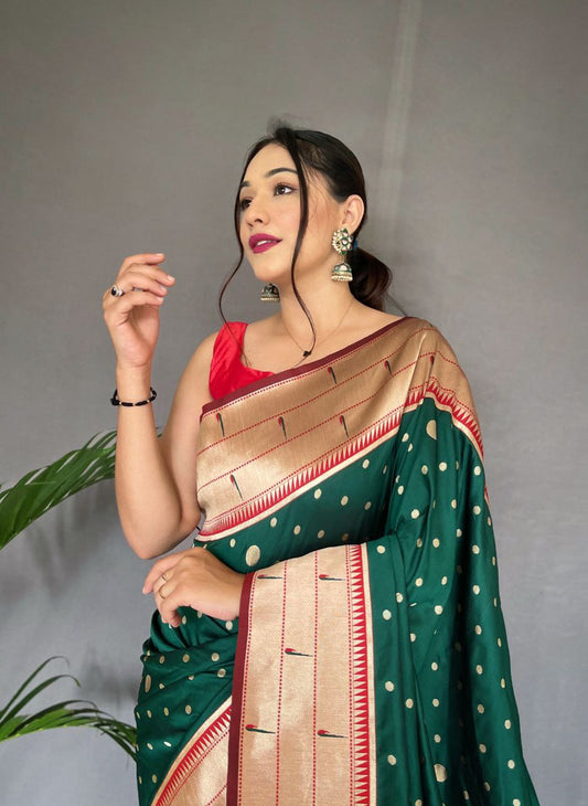 Forest Green Pure Paithani Silk Saree With Paithani Rich Weaved Pallu With Tassels And Unique Mottif Pattern