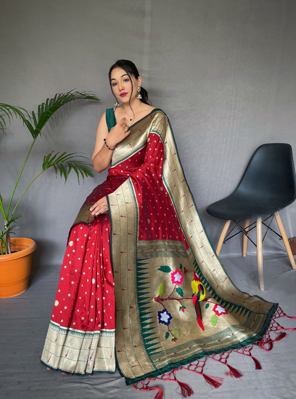 Rufous Red Pure Paithani Silk Saree With Paithani Rich Weaved Pallu With Tassels And Unique Mottif Pattern