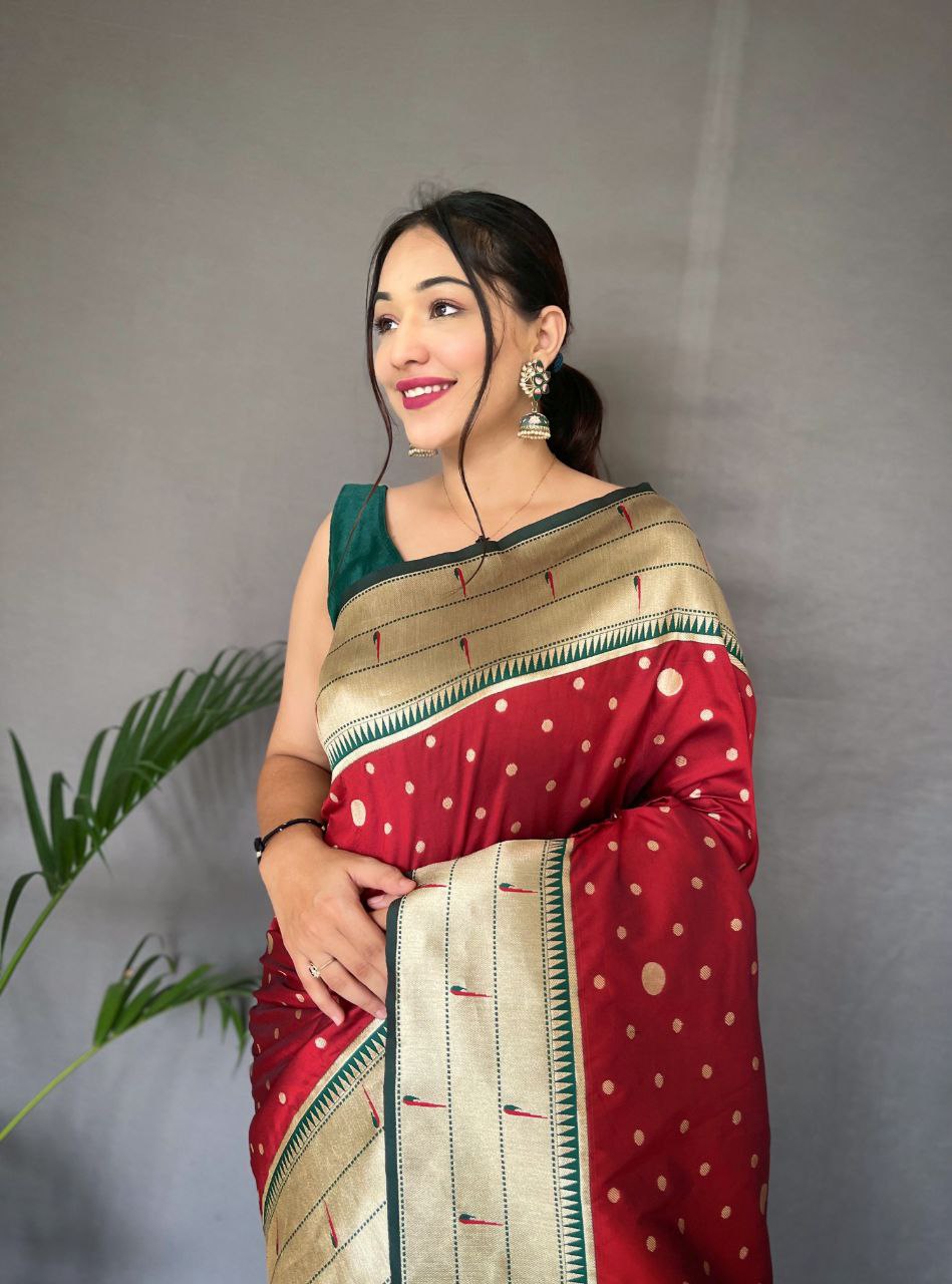 Rufous Red Pure Paithani Silk Saree With Paithani Rich Weaved Pallu With Tassels And Unique Mottif Pattern