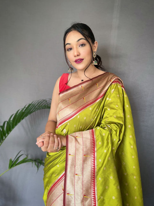 Chartreuse Green Pure Paithani Silk Saree With Paithani Rich Weaved Pallu With Tassels And Unique Mottif Pattern