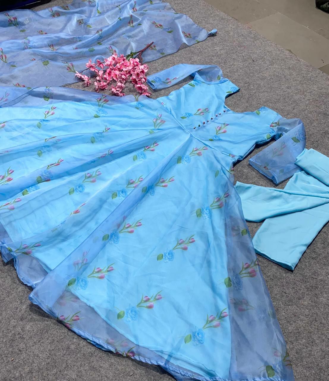 Sky Blue Fox Organza With Digital Print Sleeves Salwar Suite
