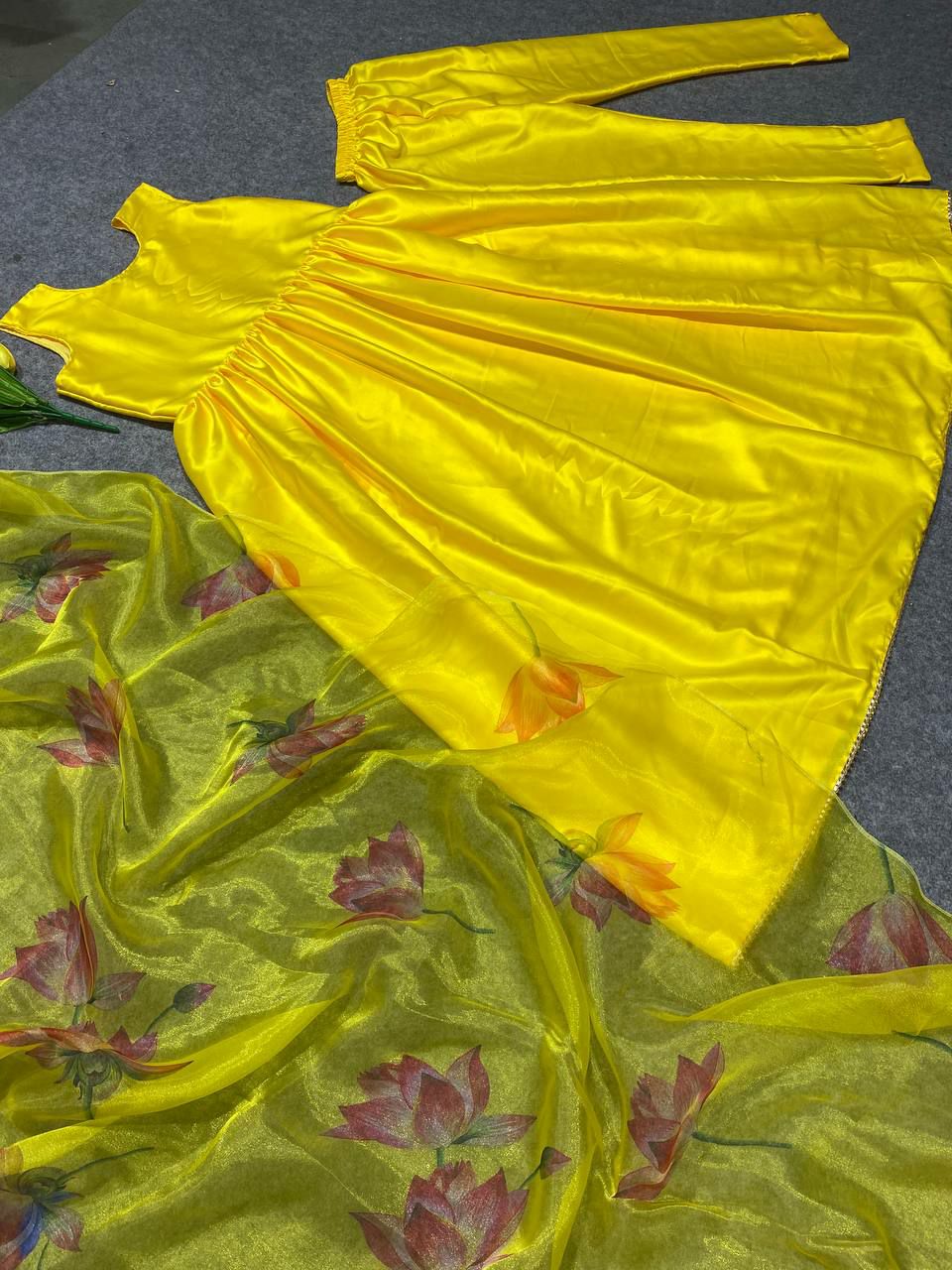 Yellow Heavy Satin Silk Pent Style Salwar Suite