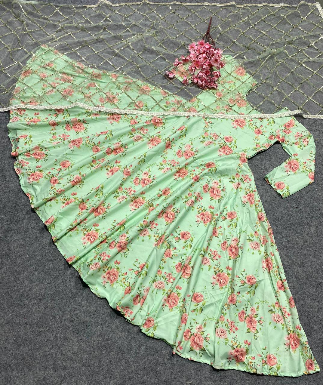 Olive Green Color Floor Length Floral Long Frock With Net Dupatta Salwar Suit
