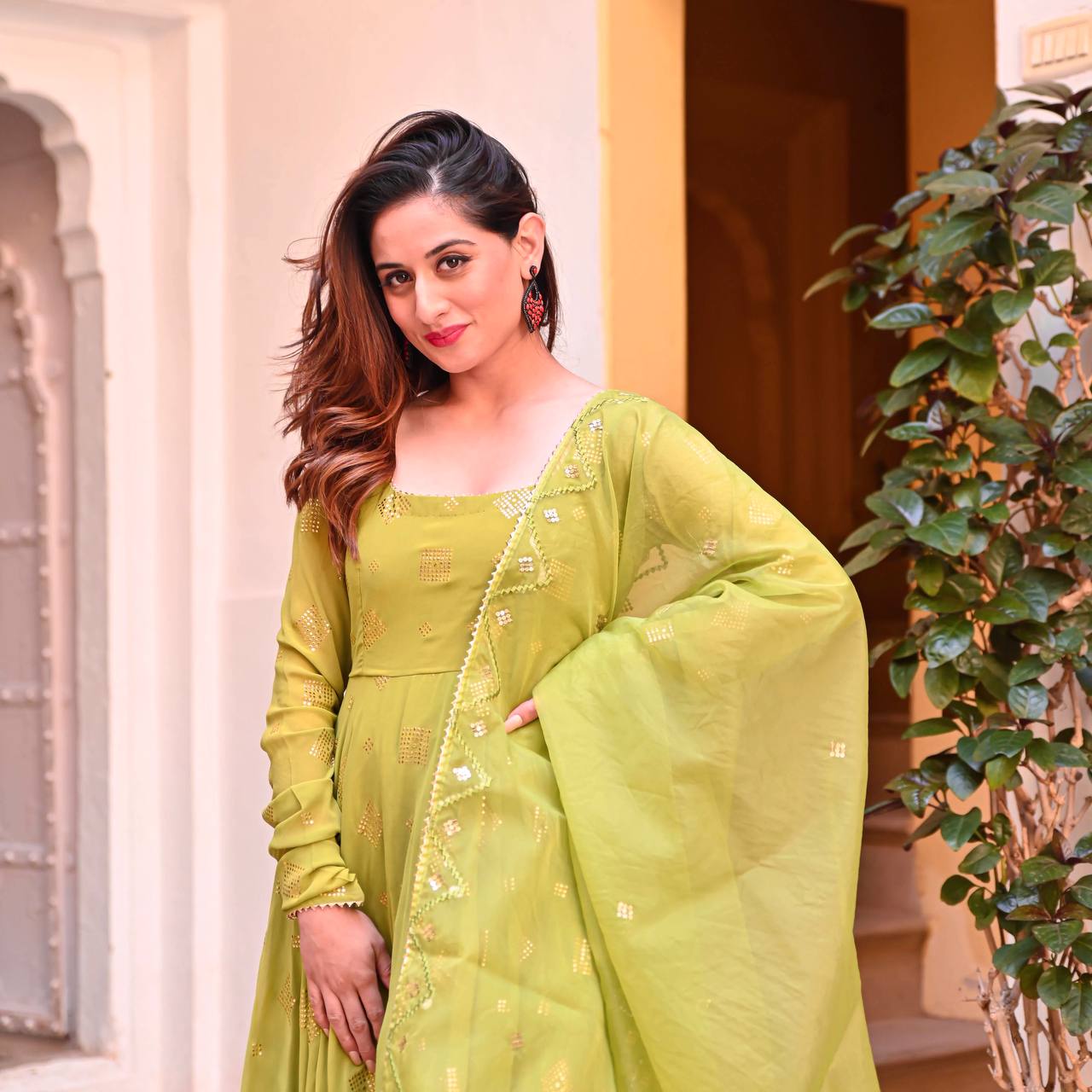 Green Maslin Silk With 5mm Sequance Embroidery Work With Full Sleeves Gown