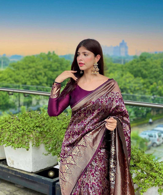 Designer Wine Lichi Silk Beautiful Saree With Blouse