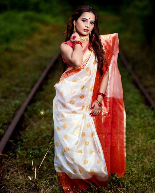 White And Red Combination With Red Blouse Banarasi Beautiful Saree With Beautiful Tassels