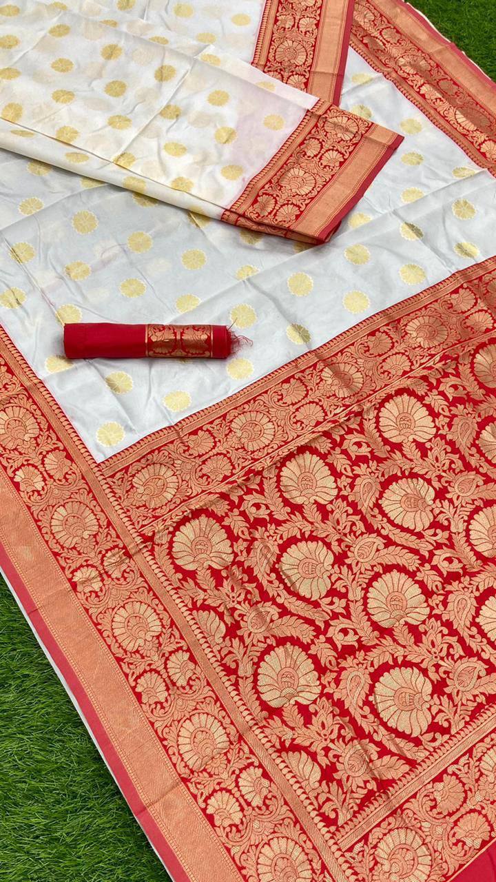 White And Red Combination With Red Blouse Banarasi Beautiful Saree With Beautiful Tassels