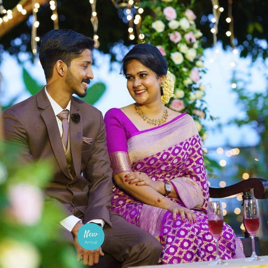 Magenta Colour With Silver Zari Butta & Golden Zari Waving Banarasi Beautiful Saree With Blouse With Beautiful Tassels