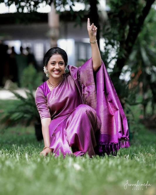 Wedding Look Voilet Banarasi Beautiful Saree With Blouse With Beautiful Tassels