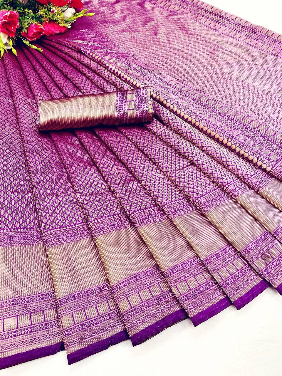 Wedding Look Voilet Banarasi Beautiful Saree With Blouse With Beautiful Tassels