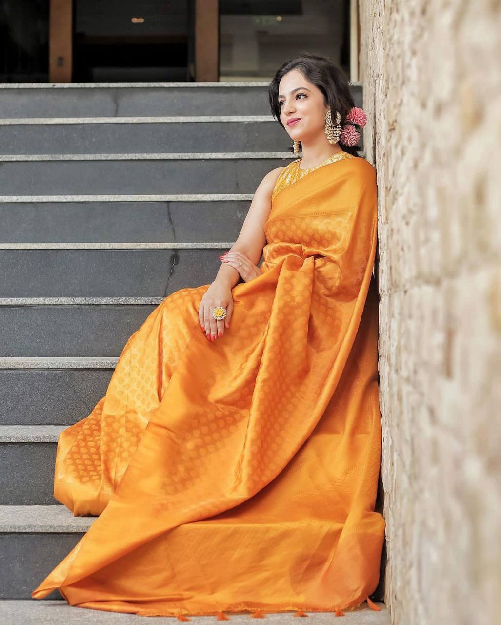 Wedding Yellow Golden Zari Weaving Banarasi Beautiful Saree With Blouse With Beautiful Tassels