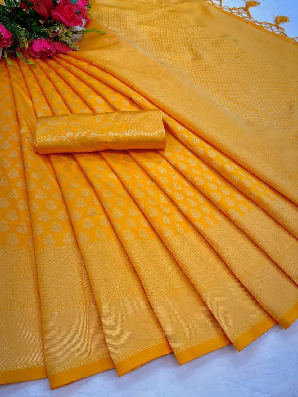 Wedding Yellow Golden Zari Weaving Banarasi Beautiful Saree With Blouse With Beautiful Tassels