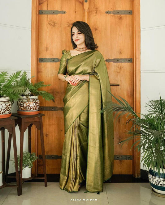 Light Green Saree & Blouse With Golden Zari Weaving Banarasi Beautiful Saree With Blouse