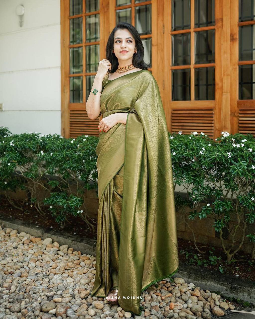 Light Green Saree & Blouse With Golden Zari Weaving Banarasi Beautiful Saree With Blouse