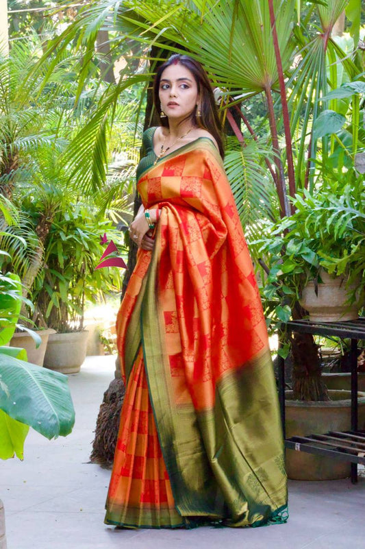 Designer Pure Naylon Red With Green Combination With Golden Zari Weaving With Tassels