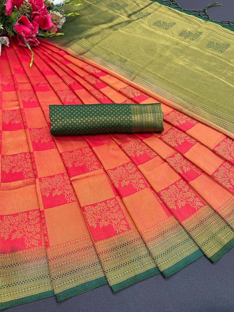 Designer Pure Naylon Red With Green Combination With Golden Zari Weaving With Tassels