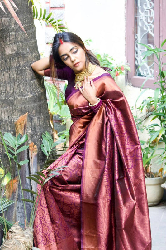Magenta Colour With Copper Zari Weaving Designer Banarasi Beautiful Saree With Blouse