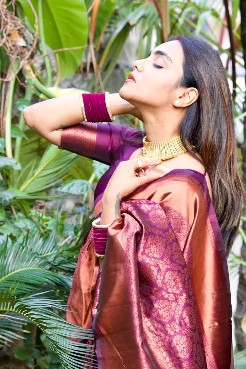 Magenta Colour With Copper Zari Weaving Designer Banarasi Beautiful Saree With Blouse