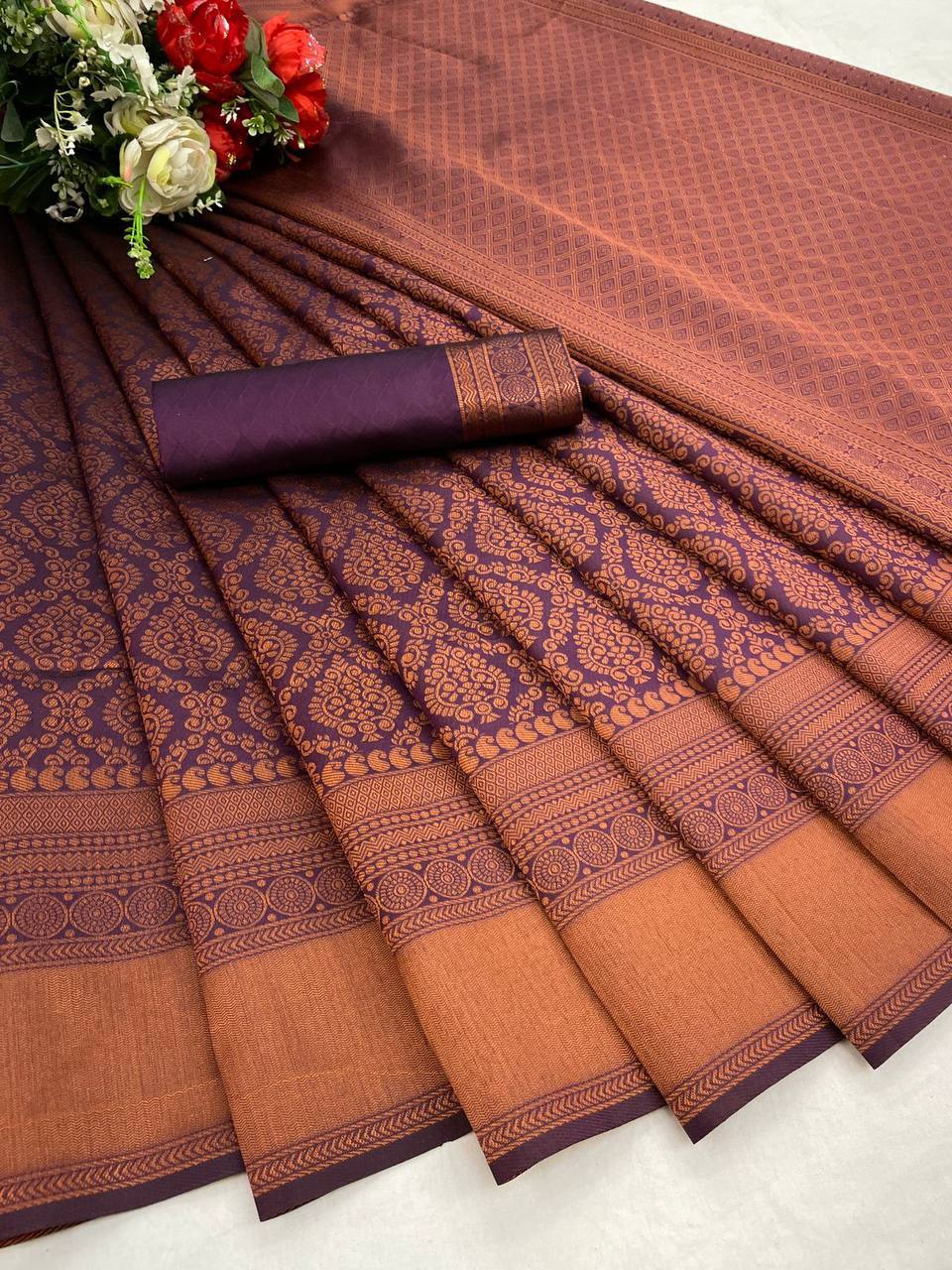 Magenta Colour With Copper Zari Weaving Designer Banarasi Beautiful Saree With Blouse