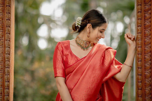 Designer Red Colour Banarasi Beautiful Saree With Blouse