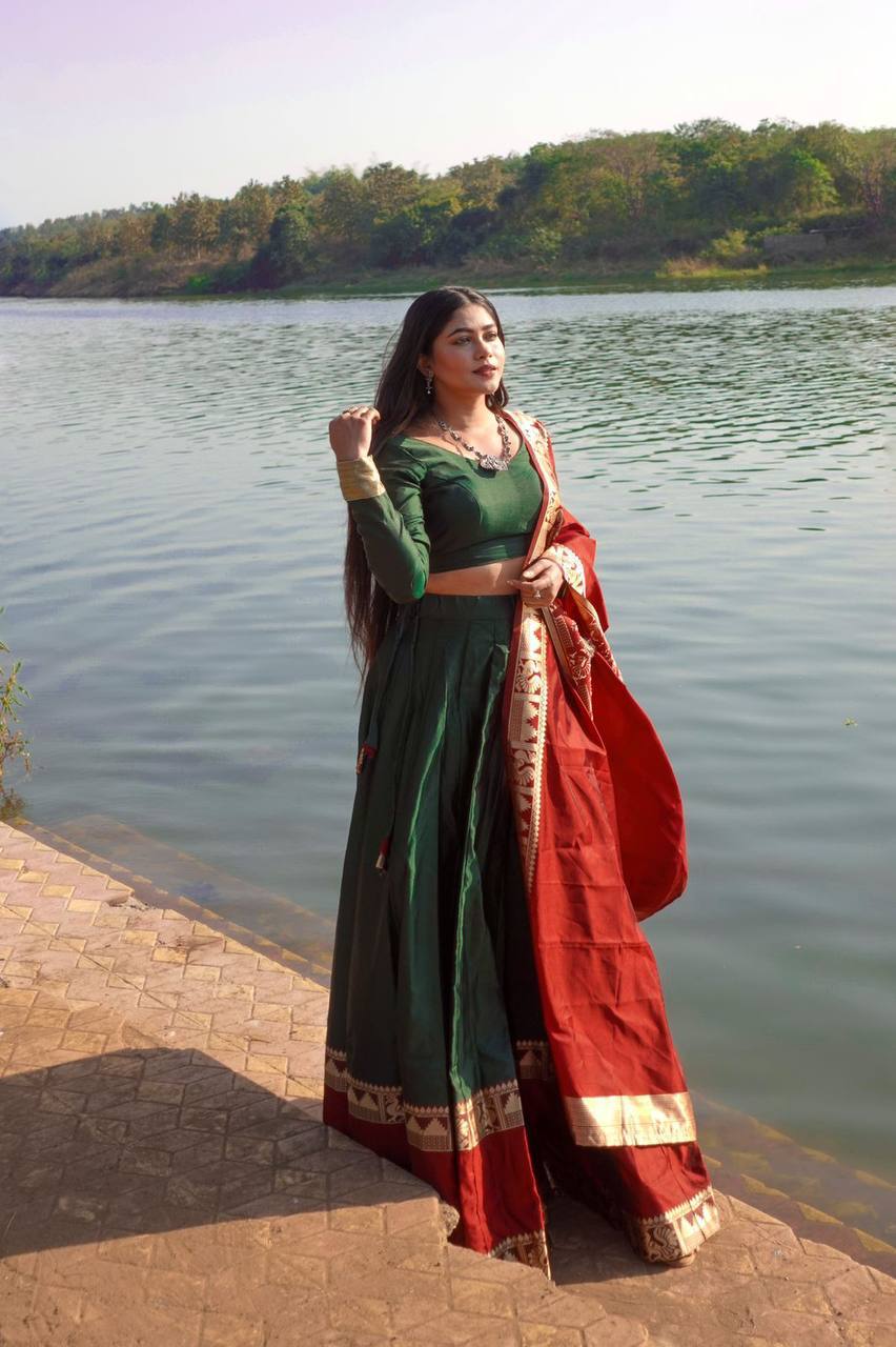 Designer Bridal Dark Green Lehenga With Gold Zari Weaving With Maroon Border Along With Dupatta & Blouse