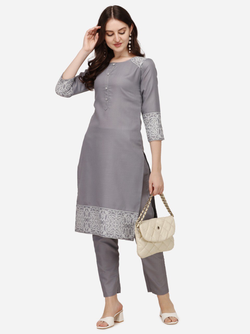 Gray Cotton Bandhani Prints With Gathered Sleeve Kurti Pant