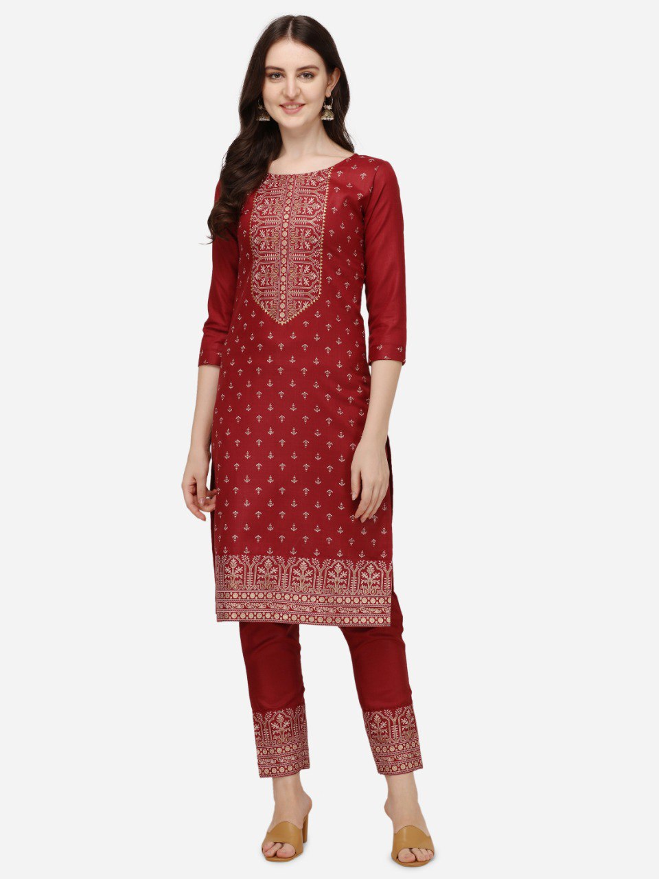 Maroon Cotton Bandhani Prints With Gathered Sleeve Kurti Pant