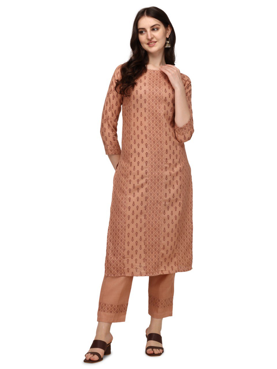 Light Tan Cotton Bandhani Prints With Gathered Sleeve Kurti Pant