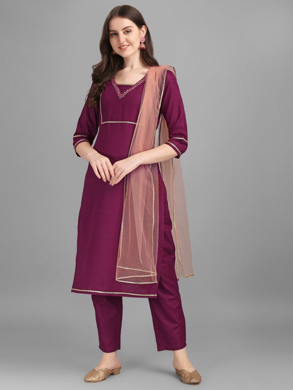 Purple Cotton Embellished With Mirror Thread Work Salwar Suit