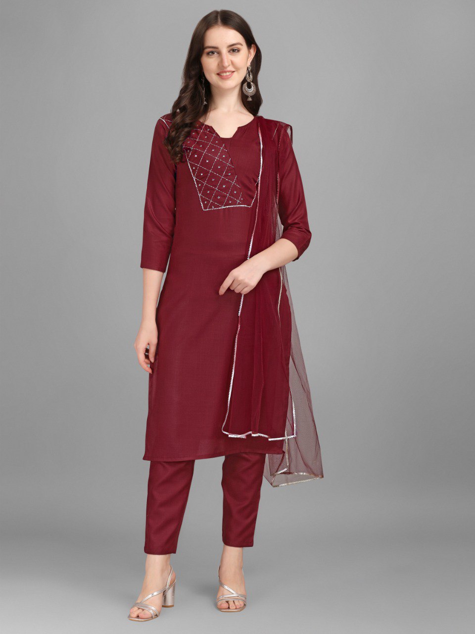 Dark Maroon Cotton Embellished With Mirror Thread Work Salwar Suit