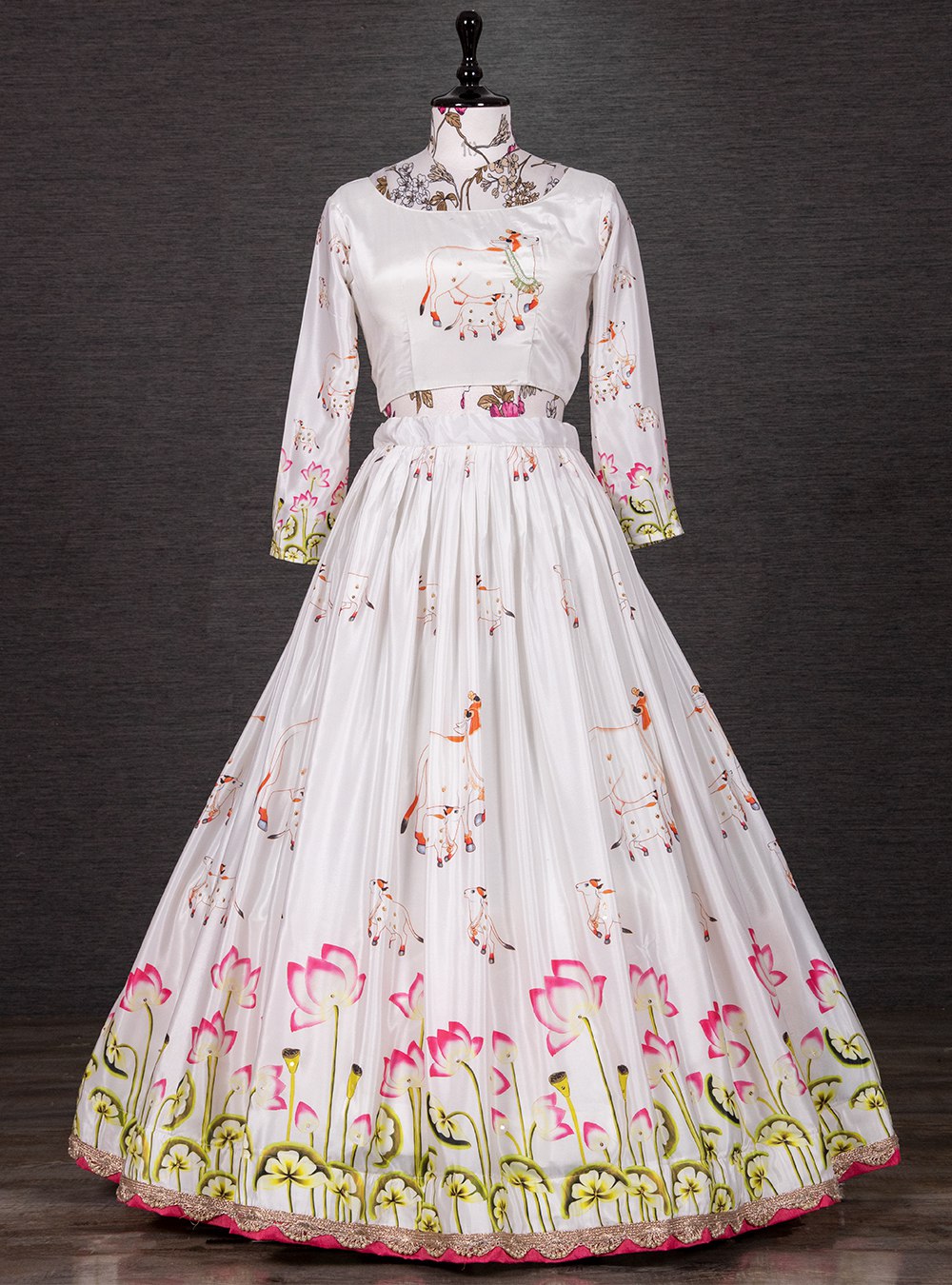 White Color Digital Printed Silk Lehenga Choli Set With Pure Gaji Silk Dupatta