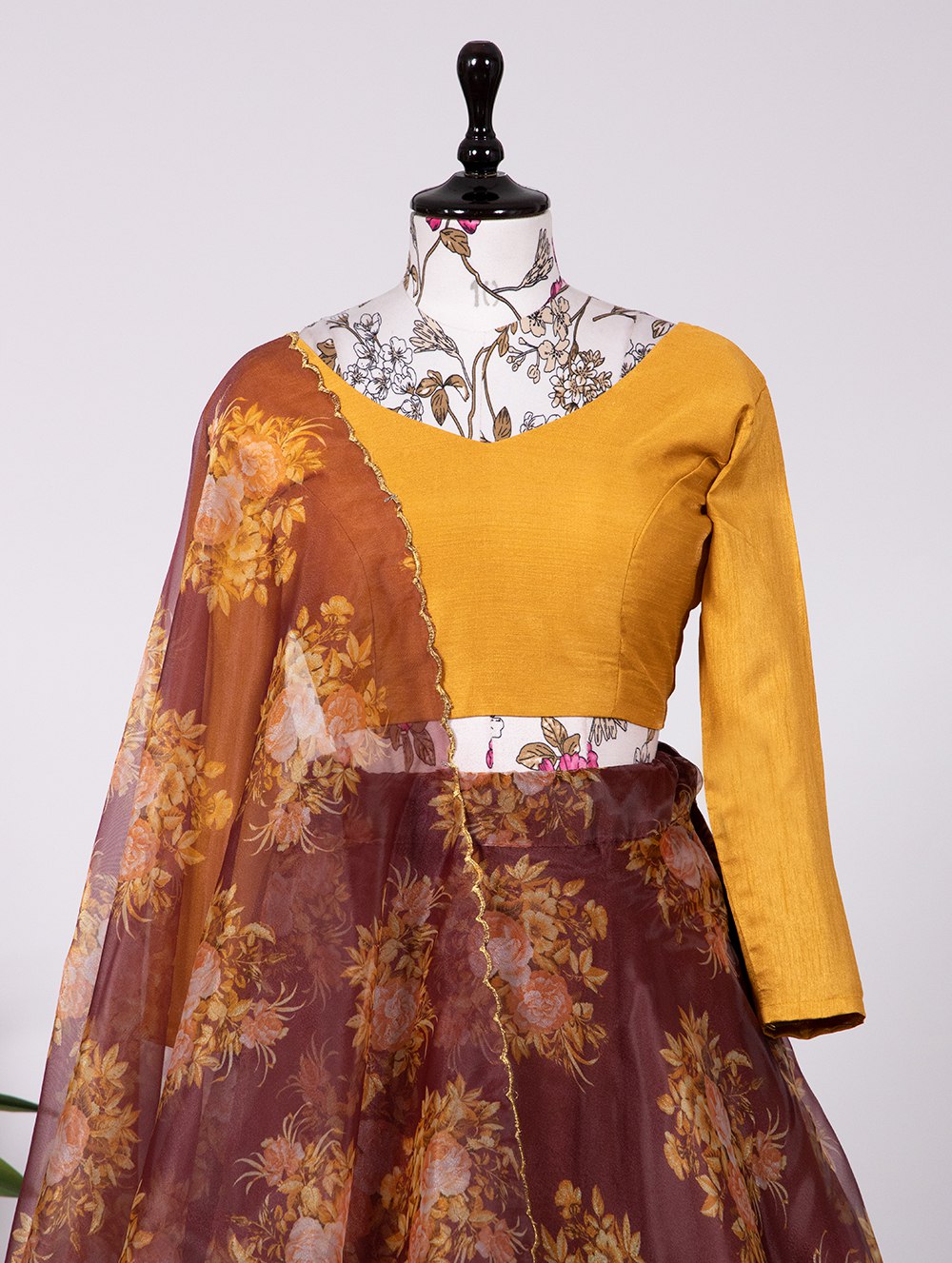 Brown Color Floral Print Organza Lehenga Choli Set