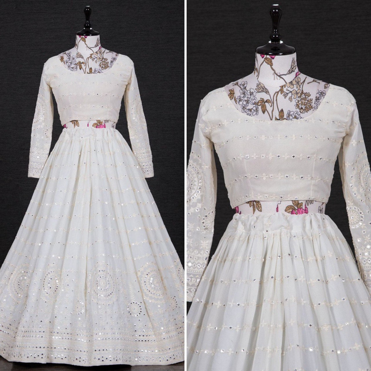 White Color Lucknowi Paper Mirror & Thread Embroidery Work Georgette Lehenga Choli