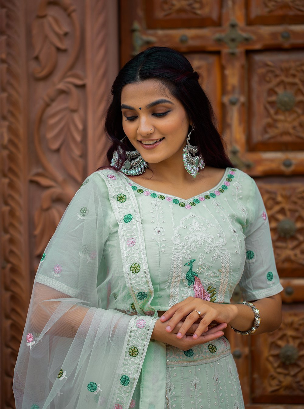 Pista Color Lucknowi Work Georgette Lehenga Choli