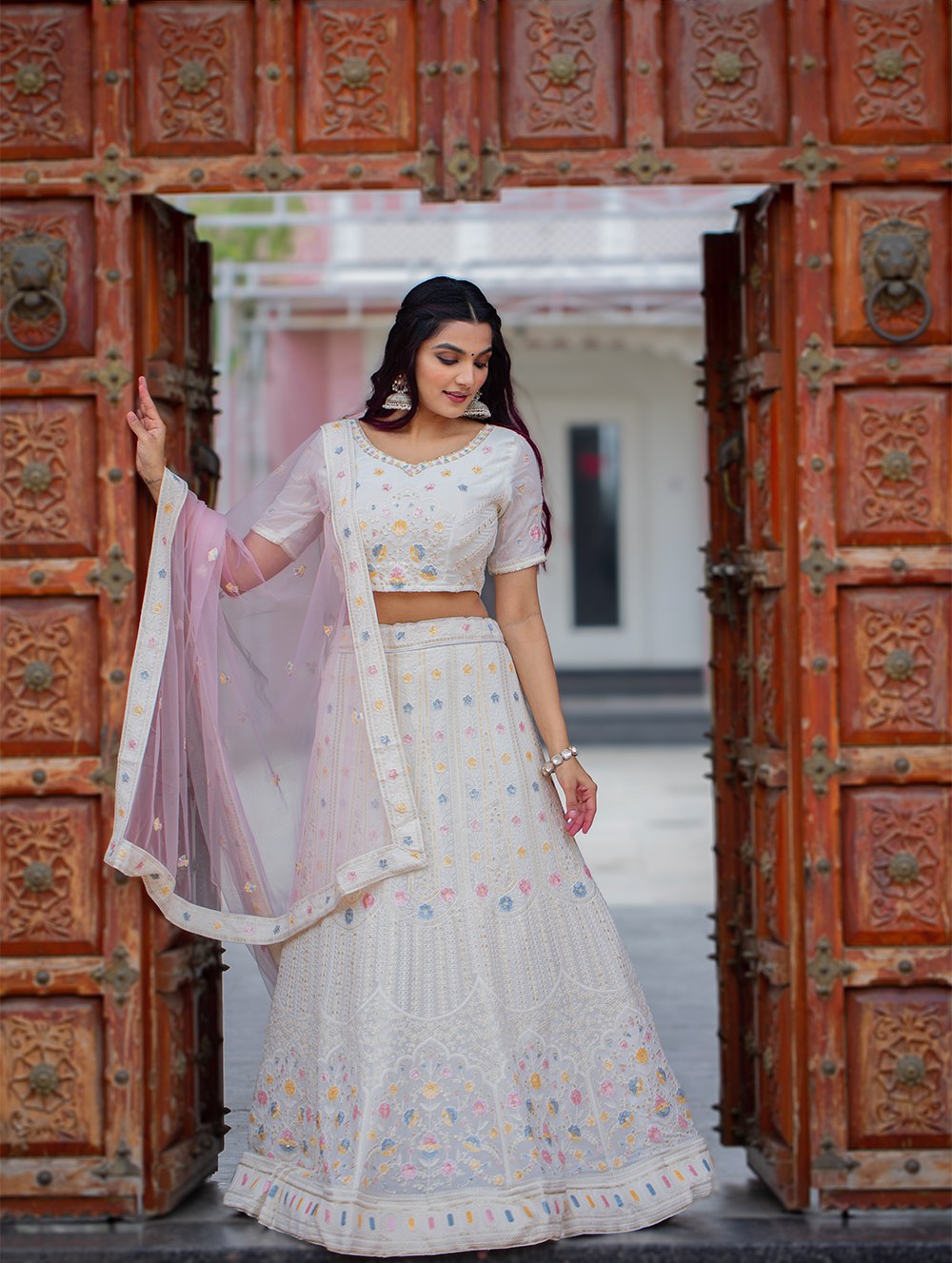 White Color Lucknowi Work Georgette Chaniya Choli