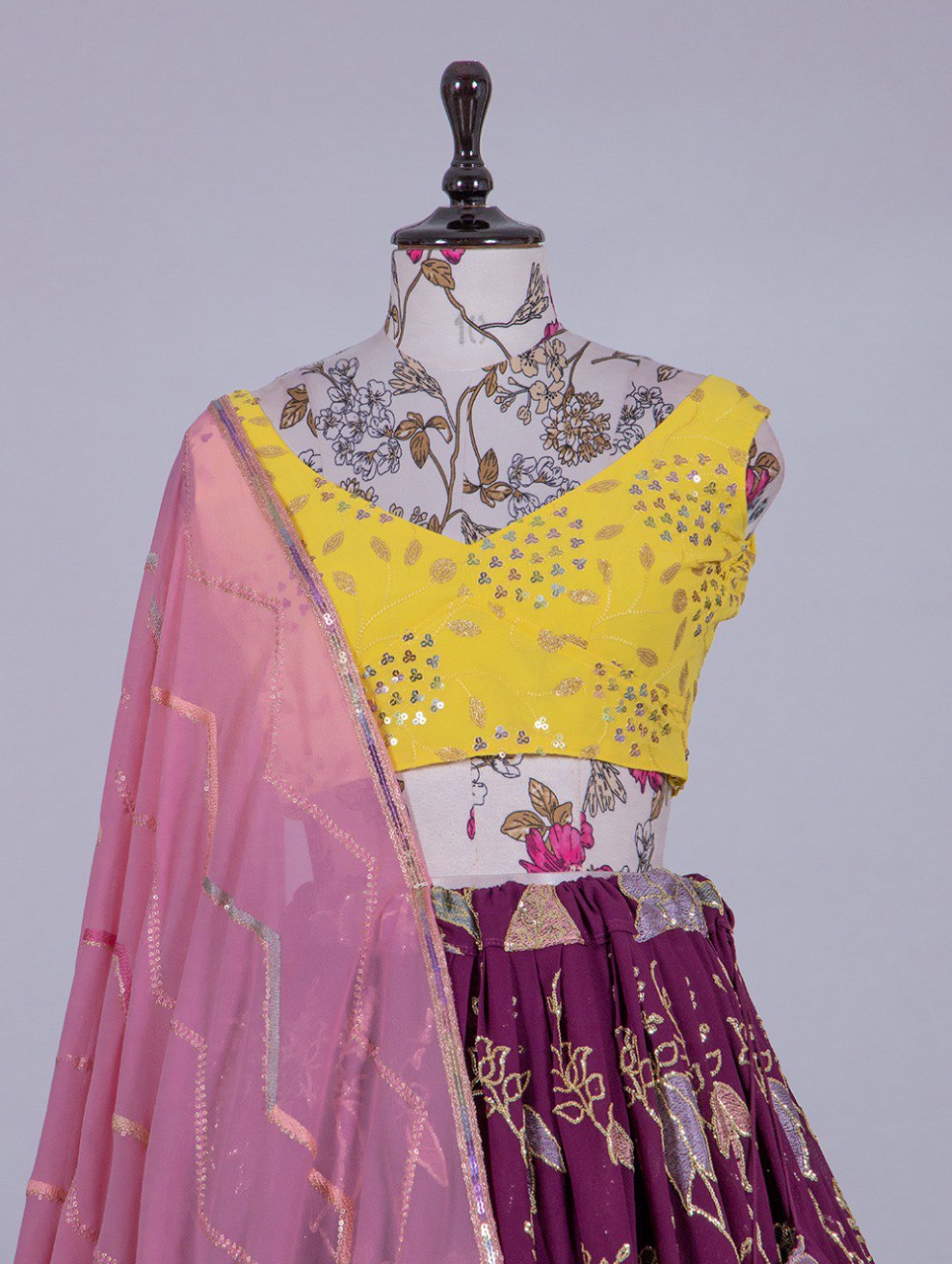 Wine Color Thread And Sequins Embroidery Work Georgette Lehenga Choli