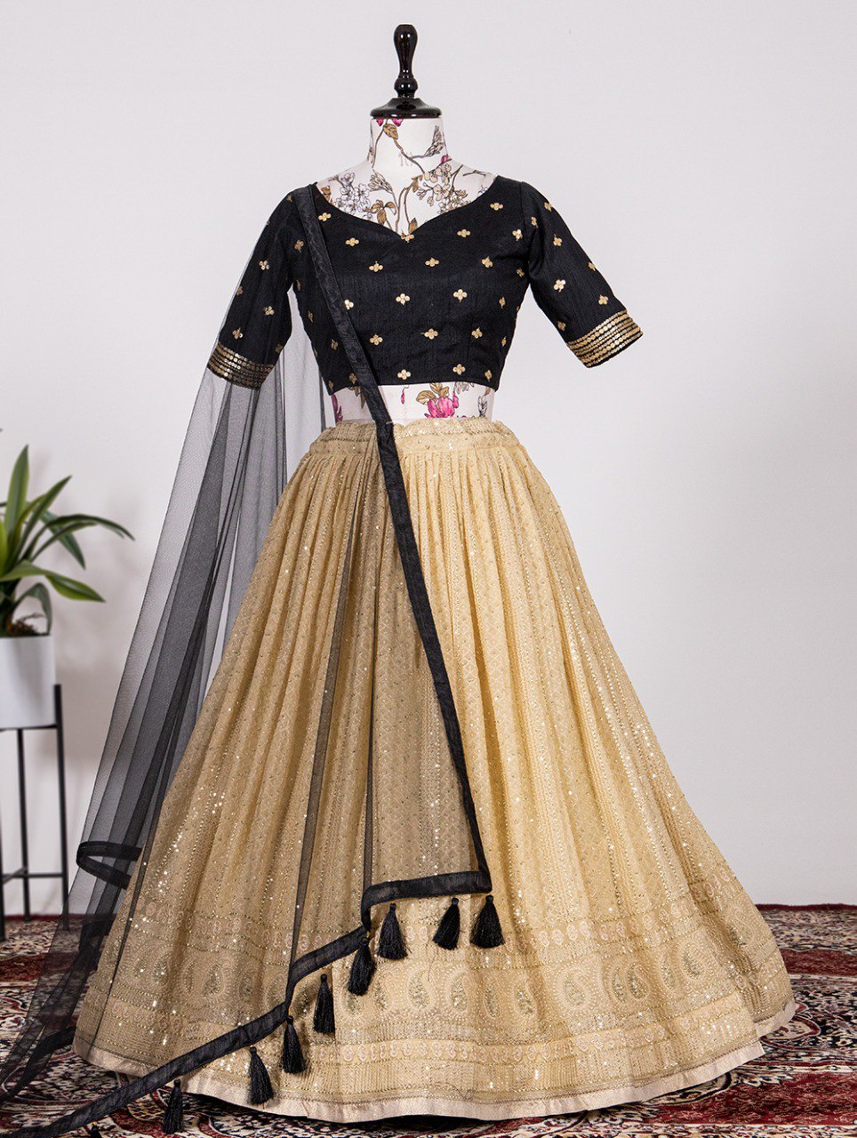 Cream Color Sequins And Thread Embroidery Work Georgette Lehenga Choli