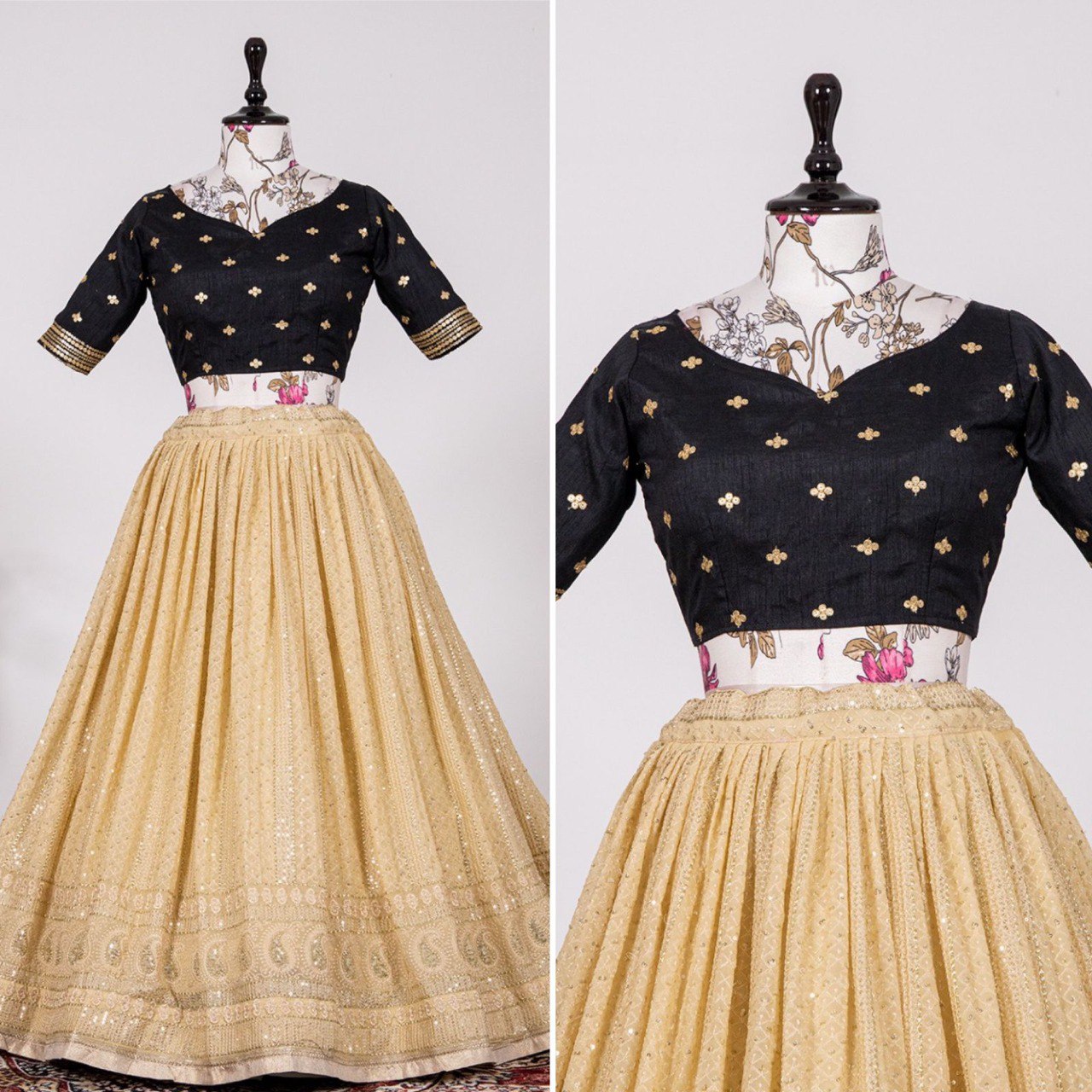 Cream Color Sequins And Thread Embroidery Work Georgette Lehenga Choli