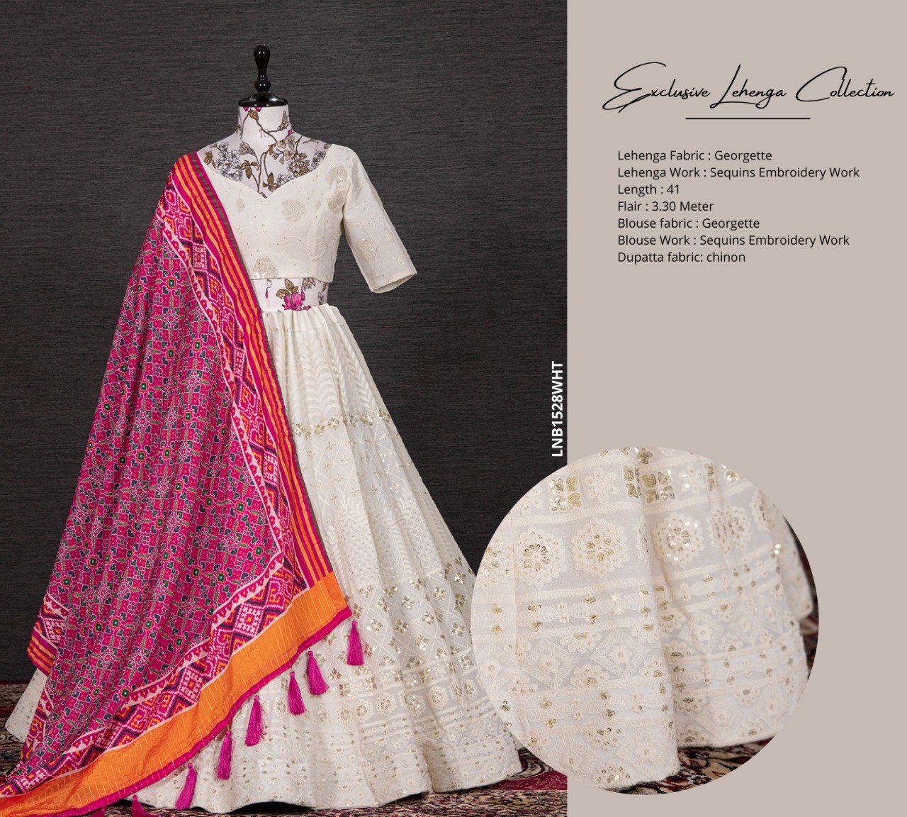 White Color Sequins And Thread Embroidery Work Georgette Lehenga Choli With Chinon Dupatta