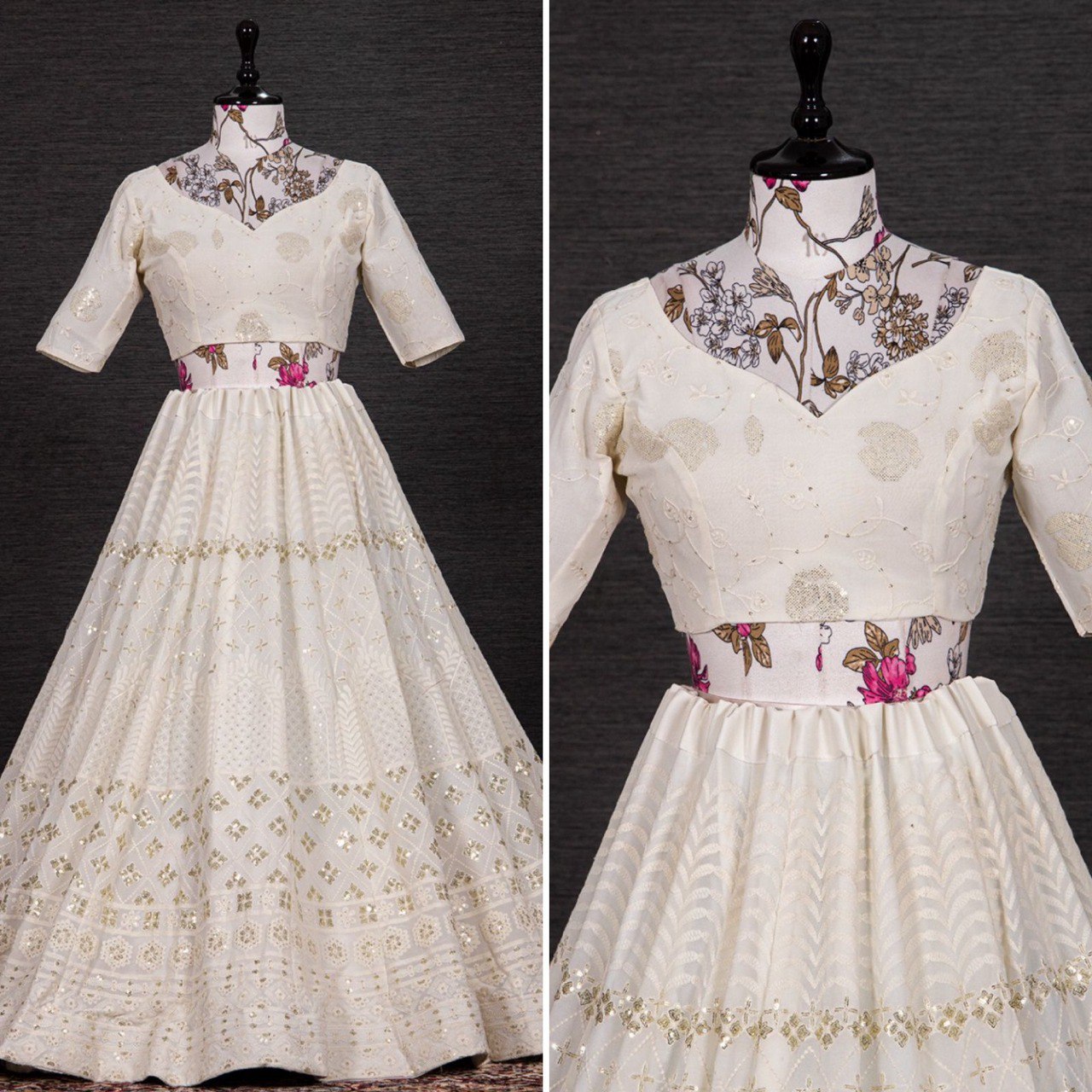 White Color Sequins And Thread Embroidery Work Georgette Lehenga Choli With Chinon Dupatta