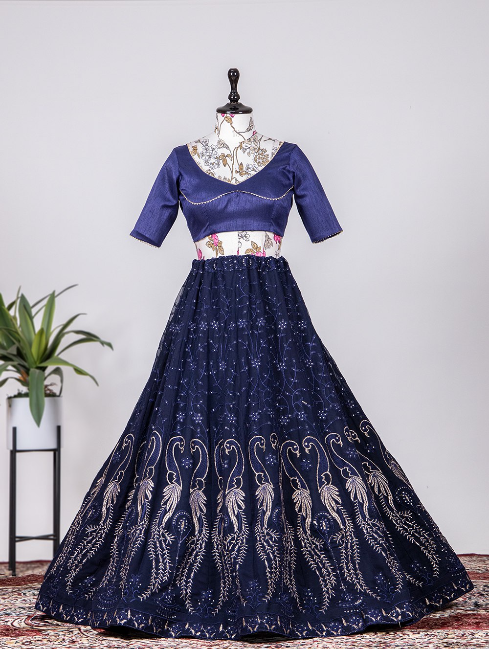 Navy Blue Color Sequins & Thread Embroidery Work Georgette Lehenga