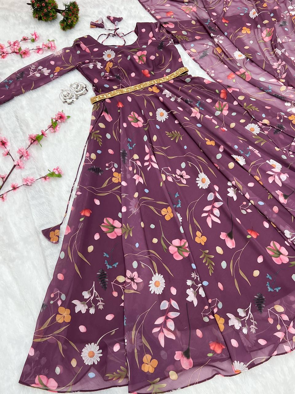 Purple New Pure Fox Georgette Floral Print Gown