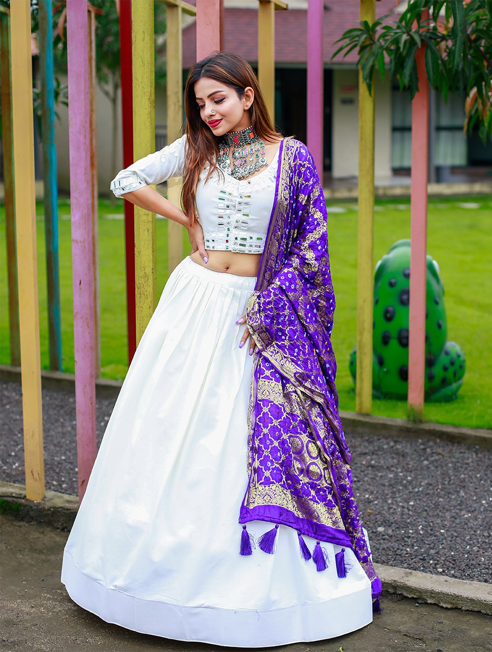 White Color Plain Cotton Lehenga Choli With Bandhej Dupatta