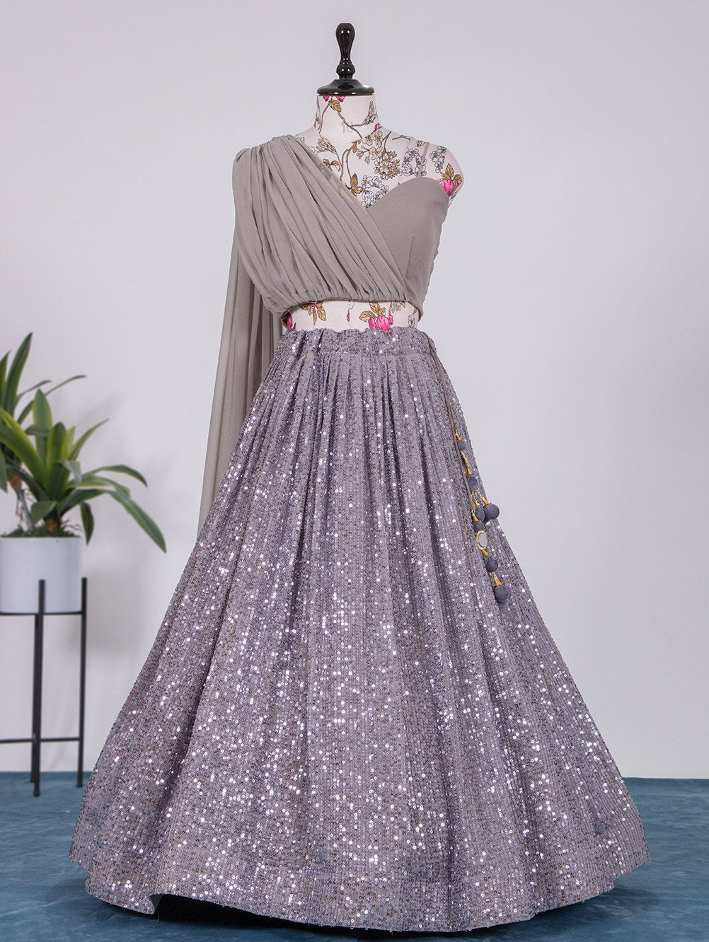 Grey Color Sequins And Thread Work Georgette Lehenga Choli