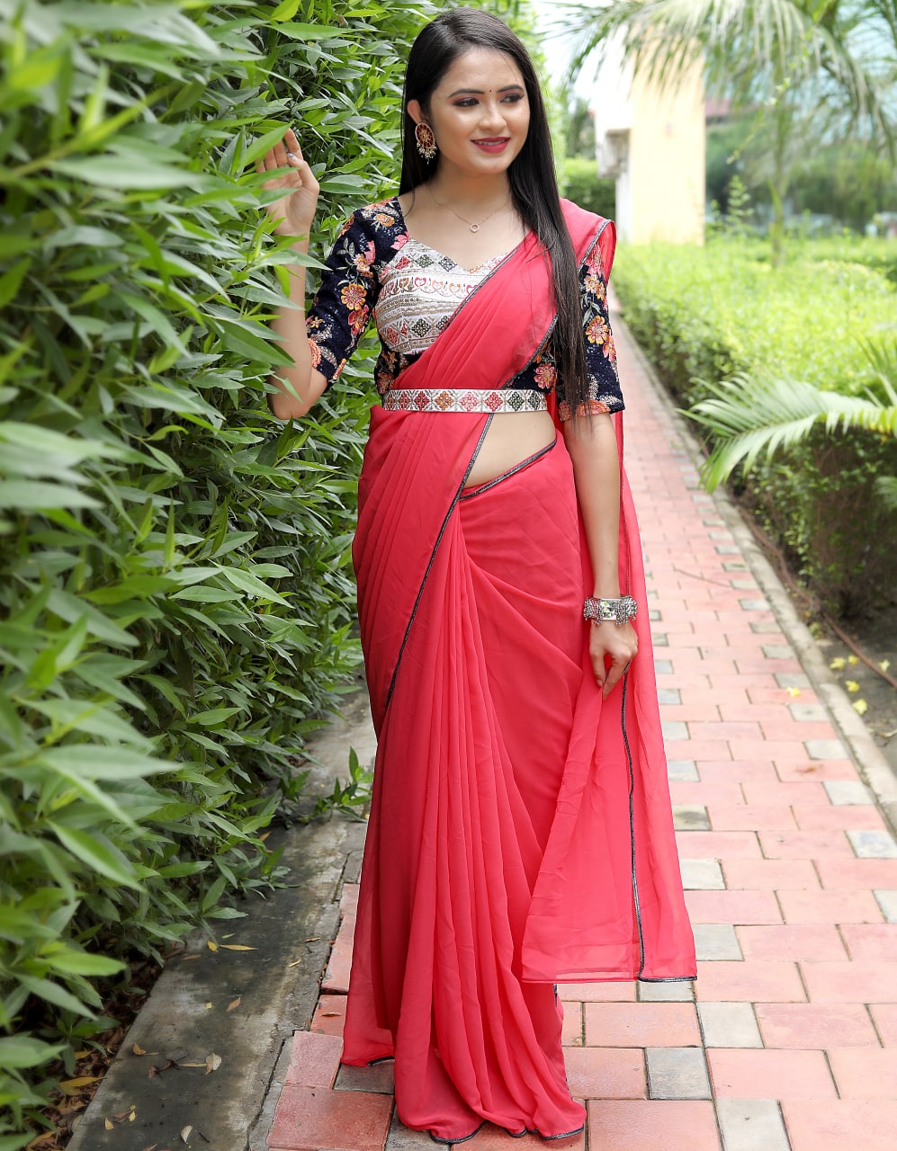 Trending Designer Party Wear Gajari Saree With Stitched Blouse