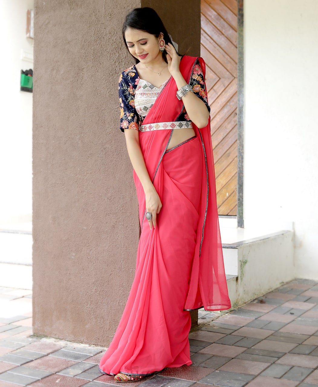 Trending Designer Party Wear Gajari Saree With Stitched Blouse